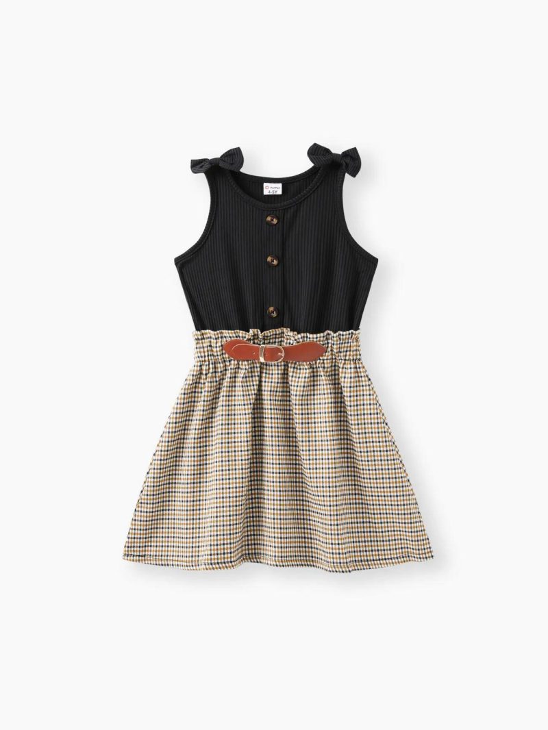 Dresses | Girls Plaid Ribbed Splice Button Design Sleeveless Dress Black