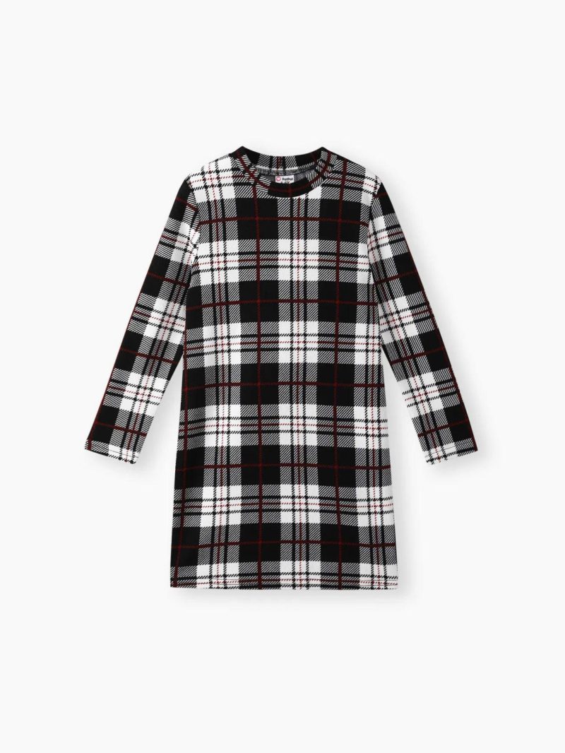 Dresses | Girls Plaid Stand Collar Long-sleeve Dress Blackandwhite|Redandbluegrid