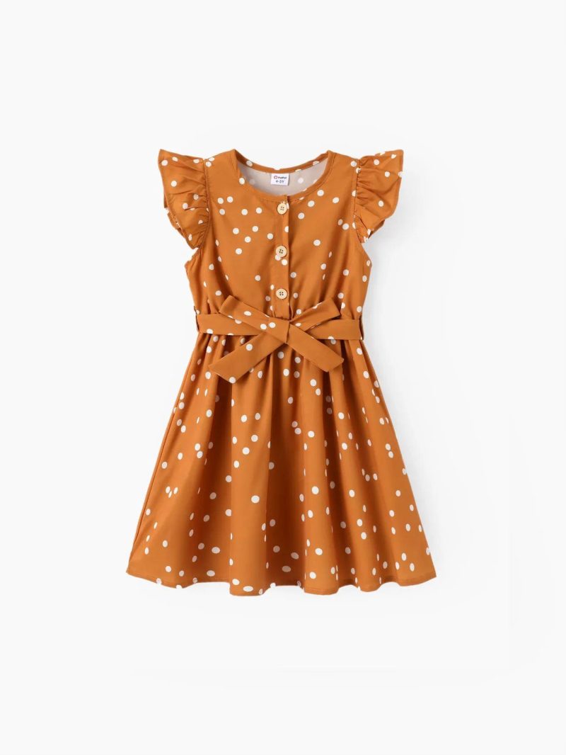 Dresses | Girls Polka dots Button Design Flutter-sleeve Belted Dress Ginger|Redbeanpaste