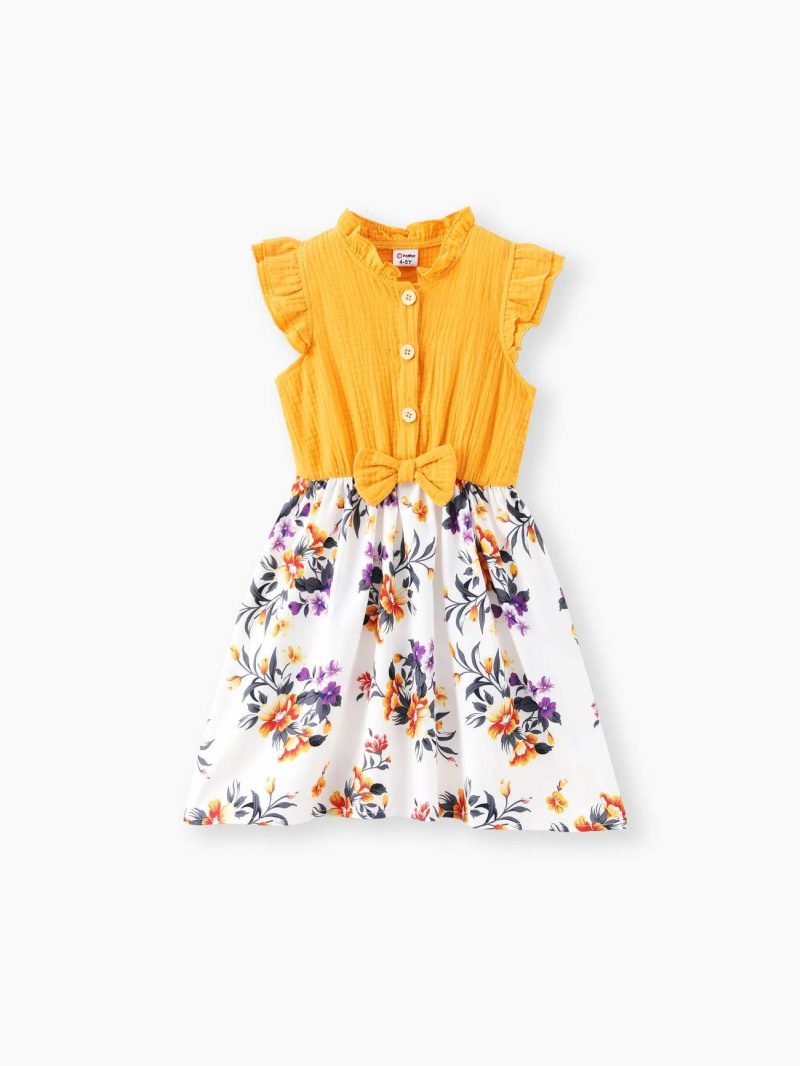 Dresses | Girls Ruffle Collar Floral Print Button Design Flutter-sleeve Dress Yellow|Aqua Green