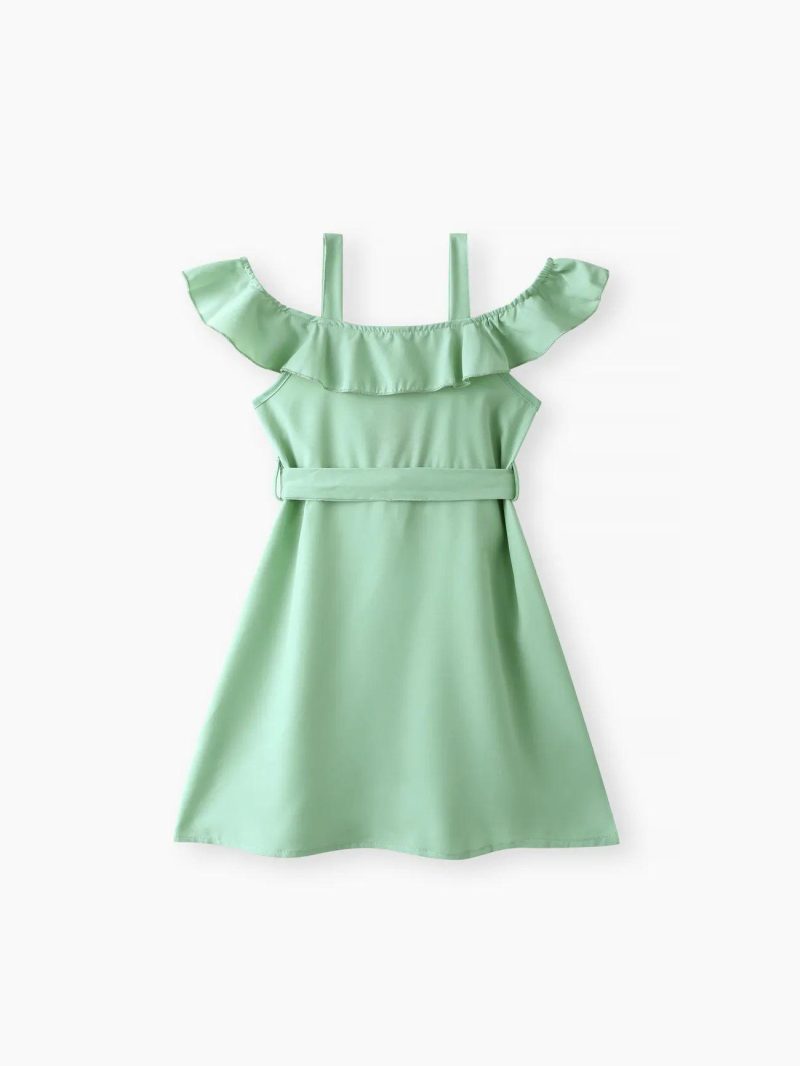 Dresses | Girls Solid Color Flounce Off Shoulder Belted Dress Pink|Green|Black