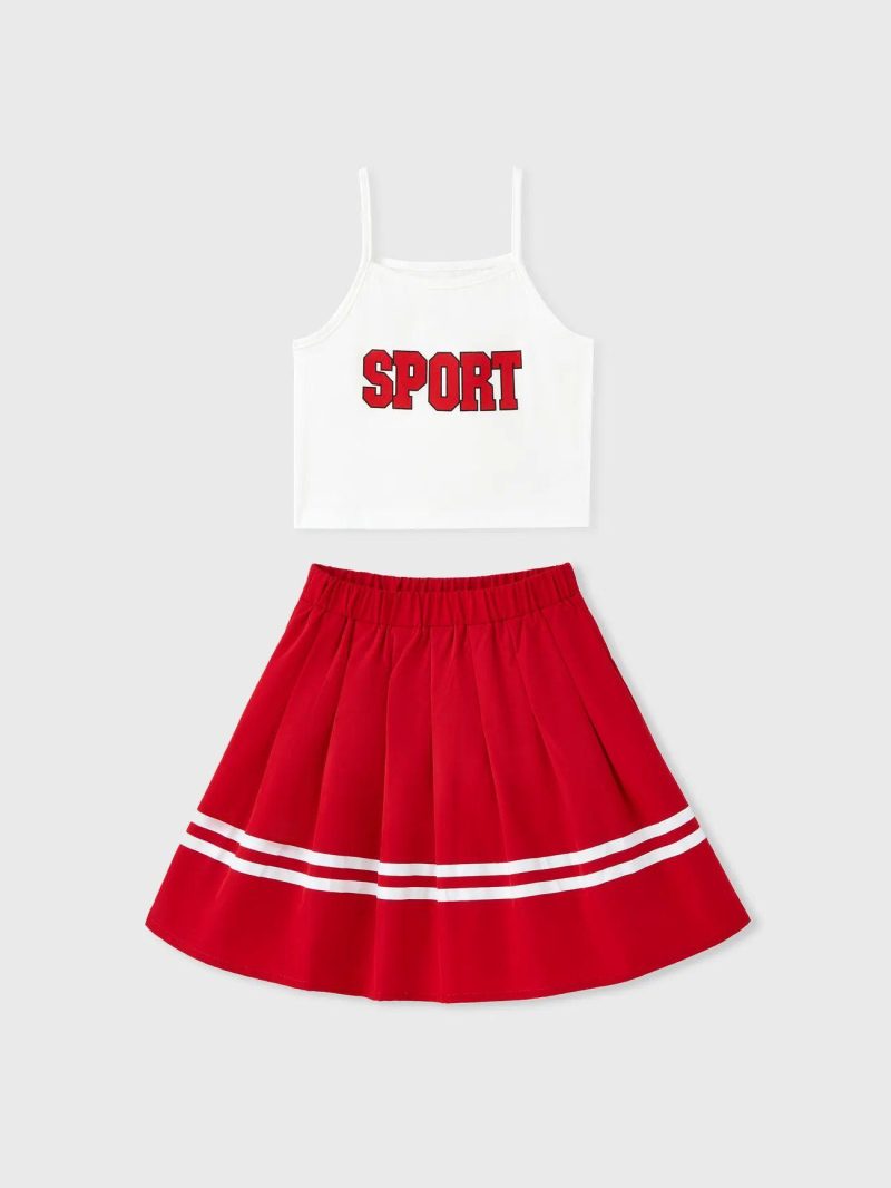 Dresses | Girls Sporty 2pcs Letter Hanging Strap Skirt Suit for Girls (Polyester 95%, Spandex 5%) Red