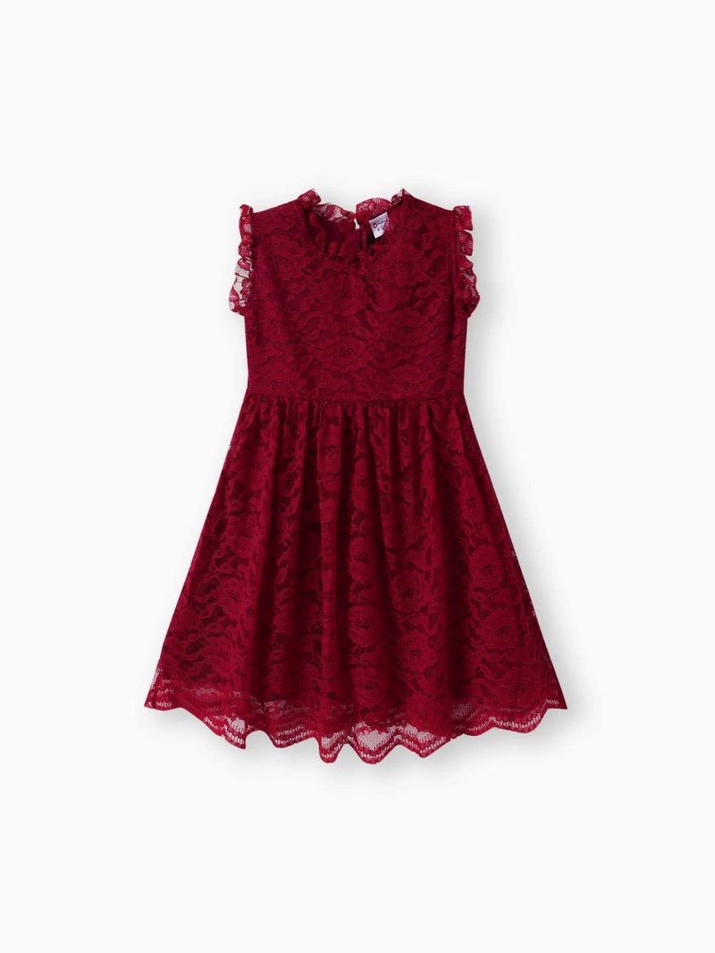 Dresses | Girls Stylish Princess Lace Sleeveless Solid Dress Red