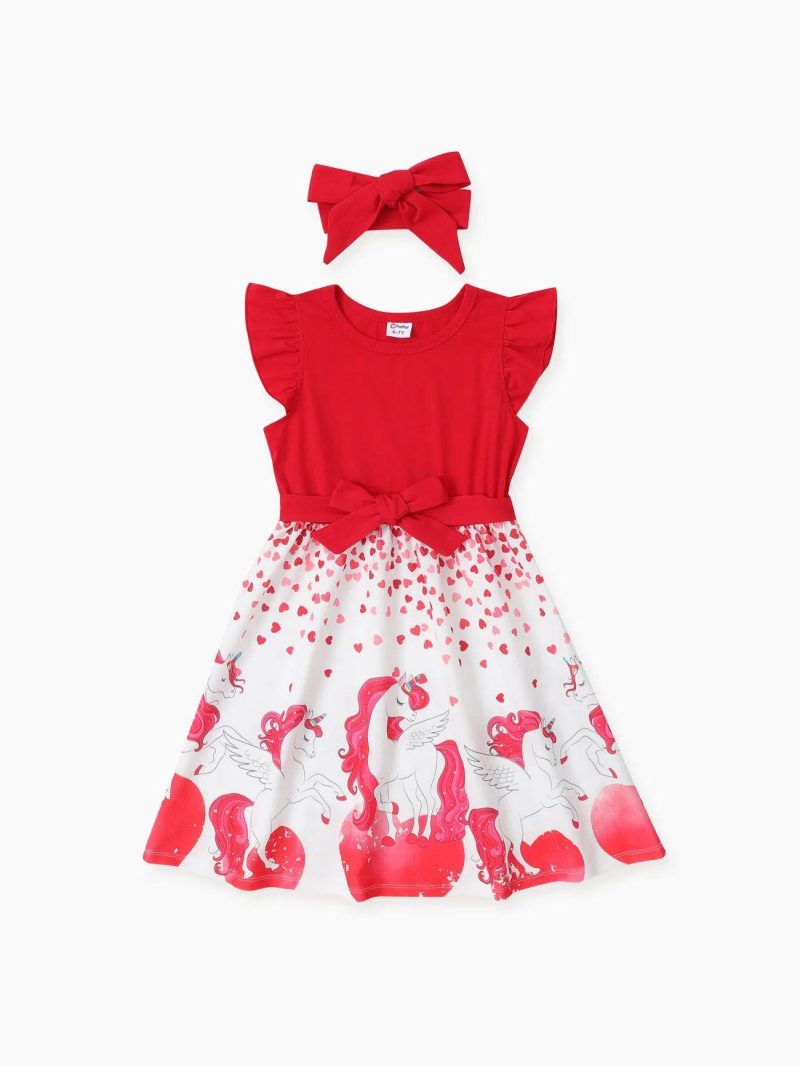 Dresses | Girls Valentine’s Day 2pcs Unicorn Print Flutter Sleeve Dress with Headband Redwhite