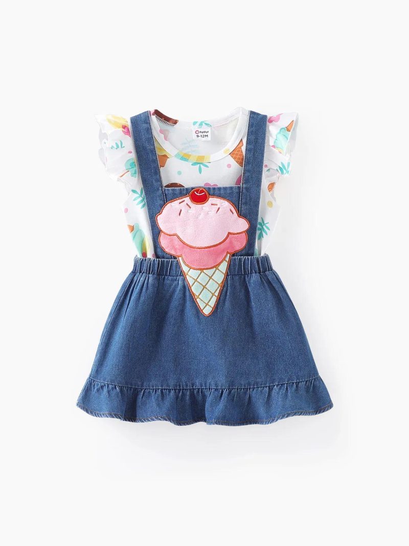 Dresses | Girls|Baby Girls|Toddler Girls 2pcs Ice Cream Print Tee and Embroidery Overall Dress Set Denimblue