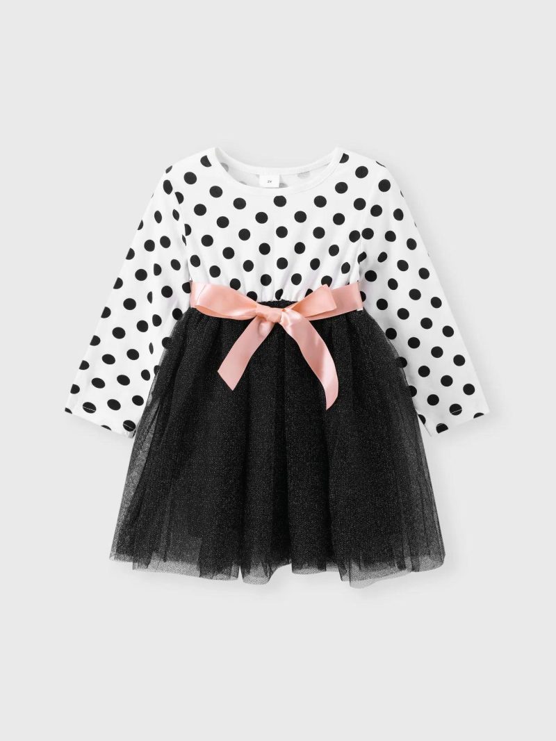 Dresses | Girls|Toddler Girls Pretty Polka Dot Bow Stitching Dress White|Black