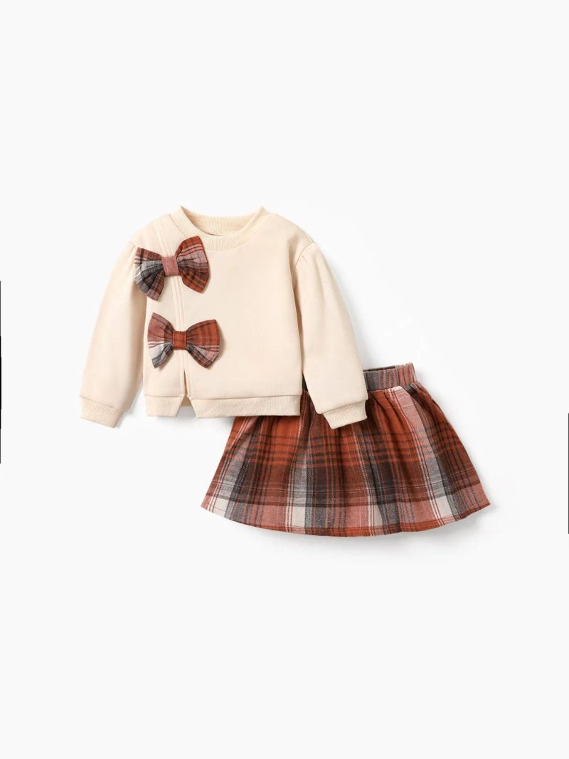 Dresses | Toddler Girls 2-piece Bowknot Design Sweatshirt and Plaid Skirt Set Apricot