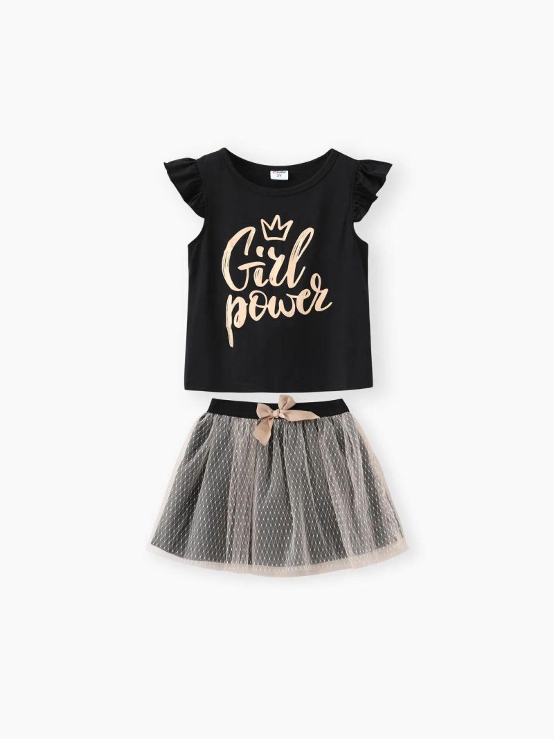 Dresses | Toddler Girls 2-piece Letter Print Flutter-sleeve Black Tee and Bowknot Design Mesh Skirt Set Black