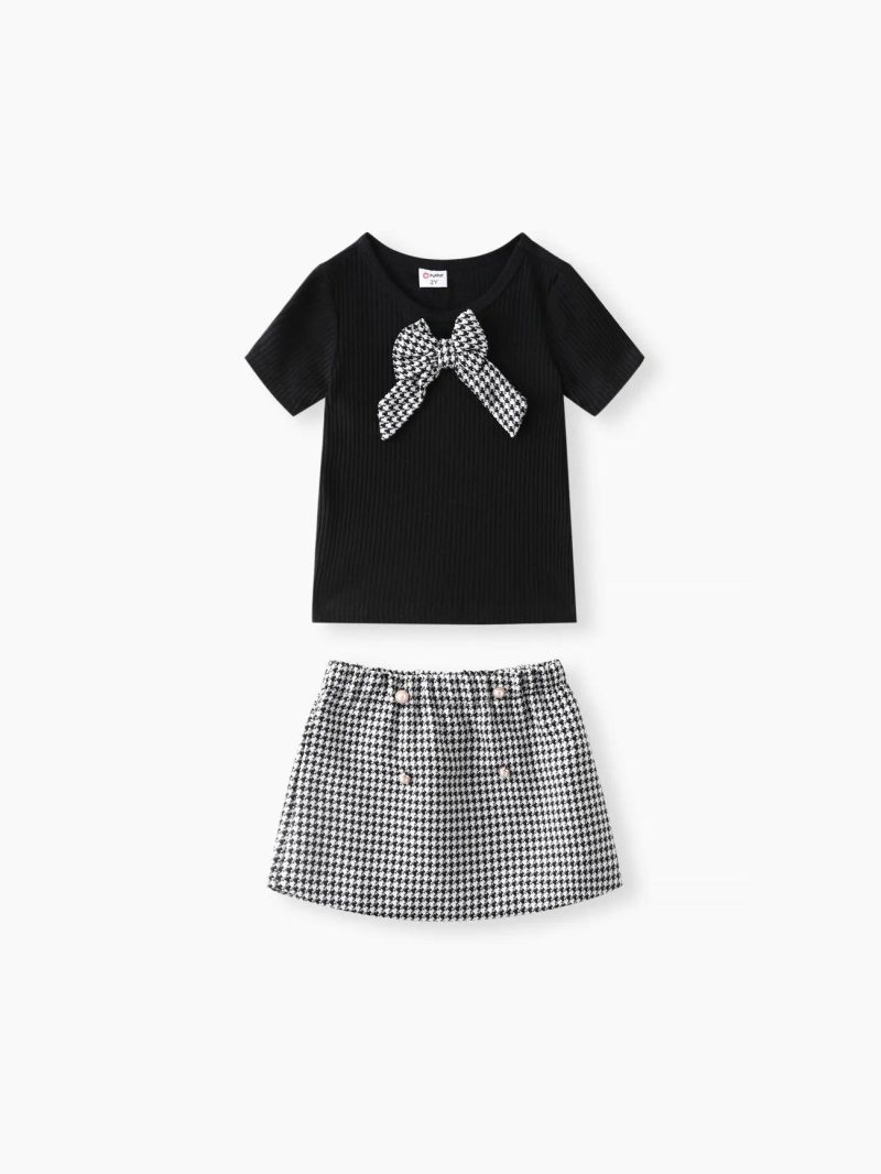 Dresses | Toddler Girls 2pcs Bowknot Tee and Grid Skirts Set Blackandwhite