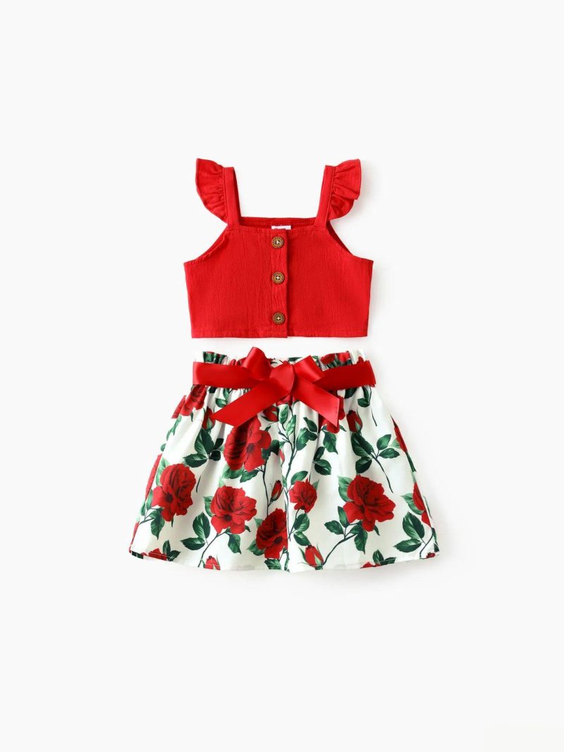 Dresses | Toddler Girls 2pcs Crop Top and Floral Print Skirt Set Color Block