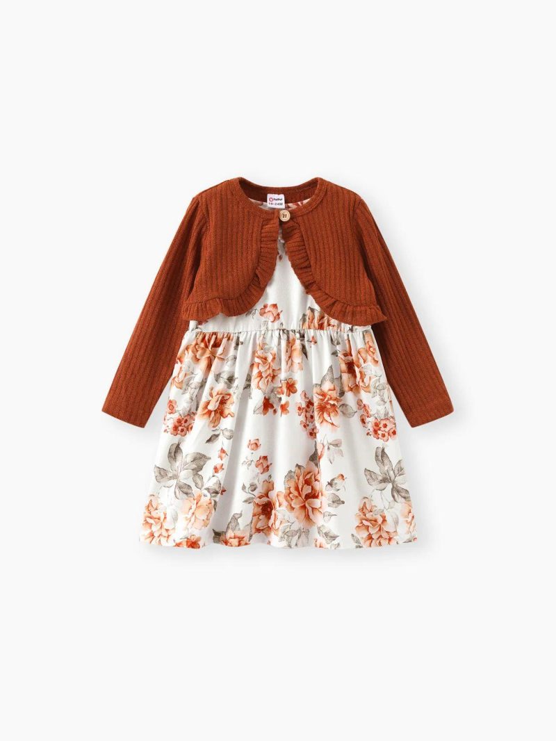 Dresses | Toddler Girls 2pcs Floral Print Sleeveless Dress and Ruffled Brown Cardigan Set Brown