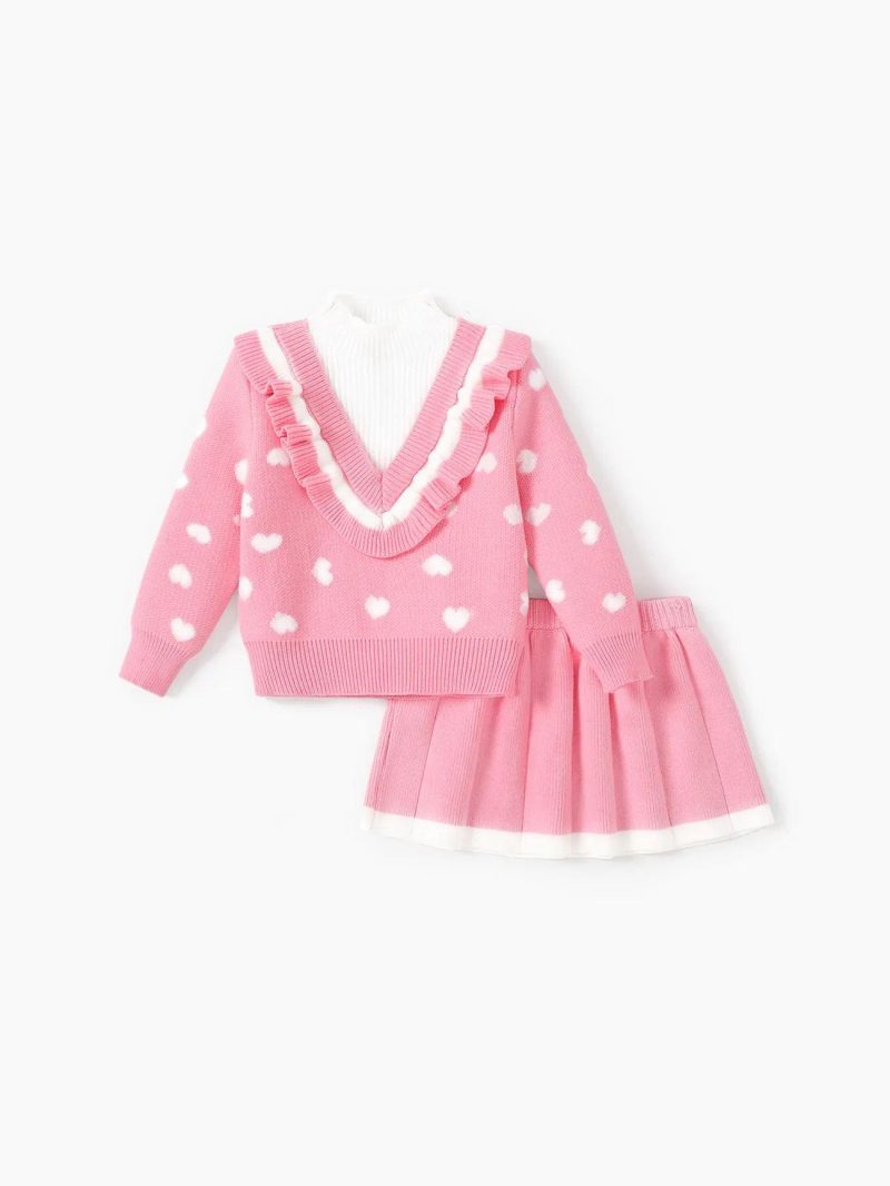 Dresses | Toddler Girls  2PCS Sweet Heart-shaped Faux Layered Long Sleeve Dress Set Pink|Red|Brown