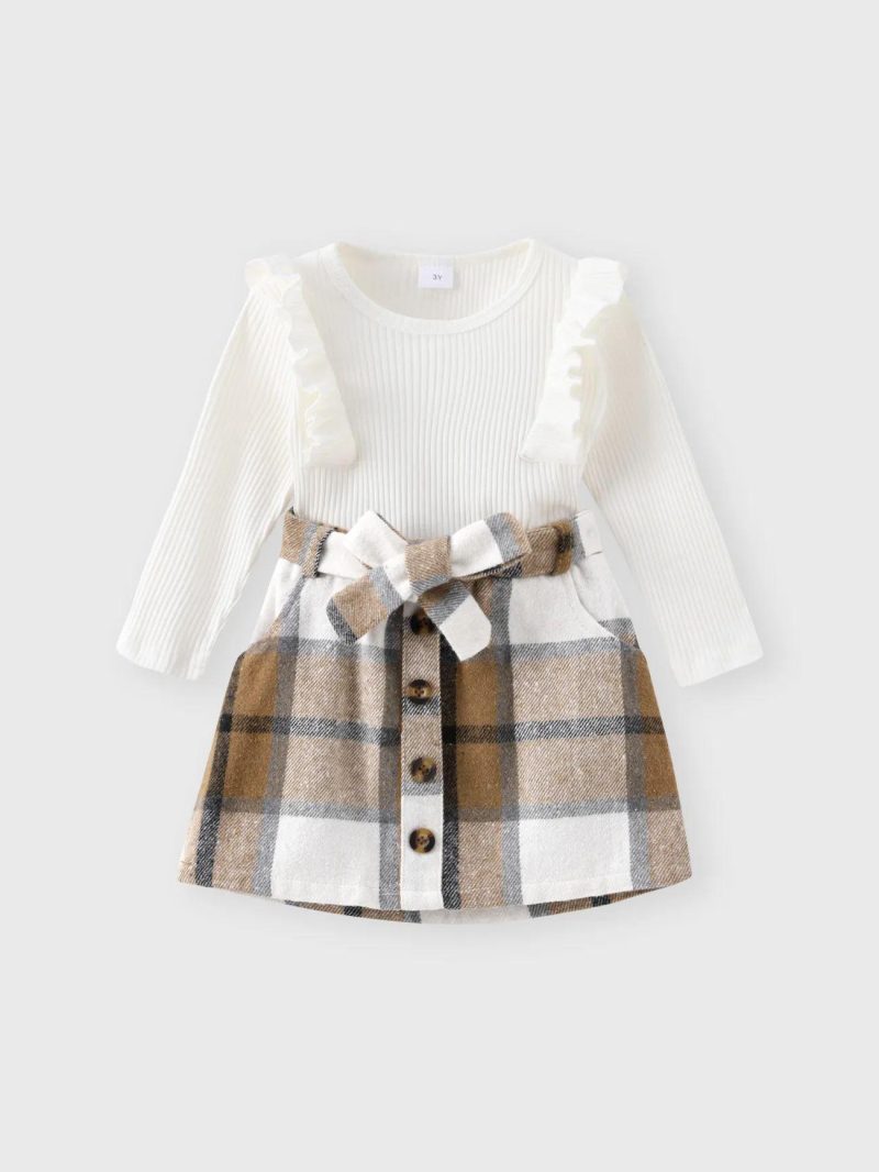 Dresses | Toddler Girls 2pcs Trendy Ruffled Ribbed Long-sleeve Tee and Plaid Button Design Skirt Set White|Dark Green