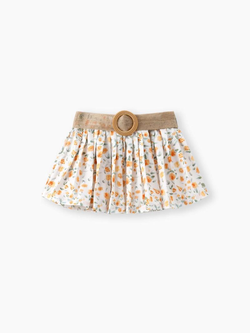 Dresses | Toddler Girls 3pcs Sweet Ribbed Crop Camisole and Floral Print Pleated Skirt & Belt Set Yellow|Orange