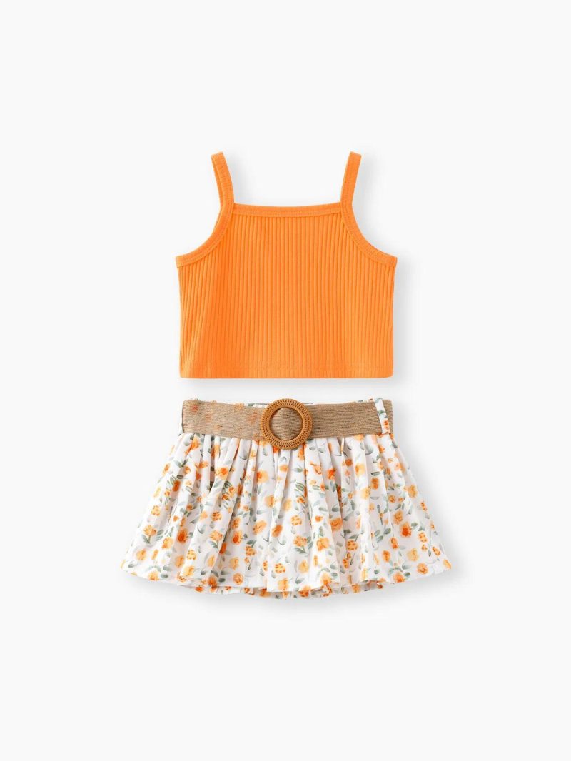 Dresses | Toddler Girls 3pcs Sweet Ribbed Crop Camisole and Floral Print Pleated Skirt & Belt Set Yellow|Orange