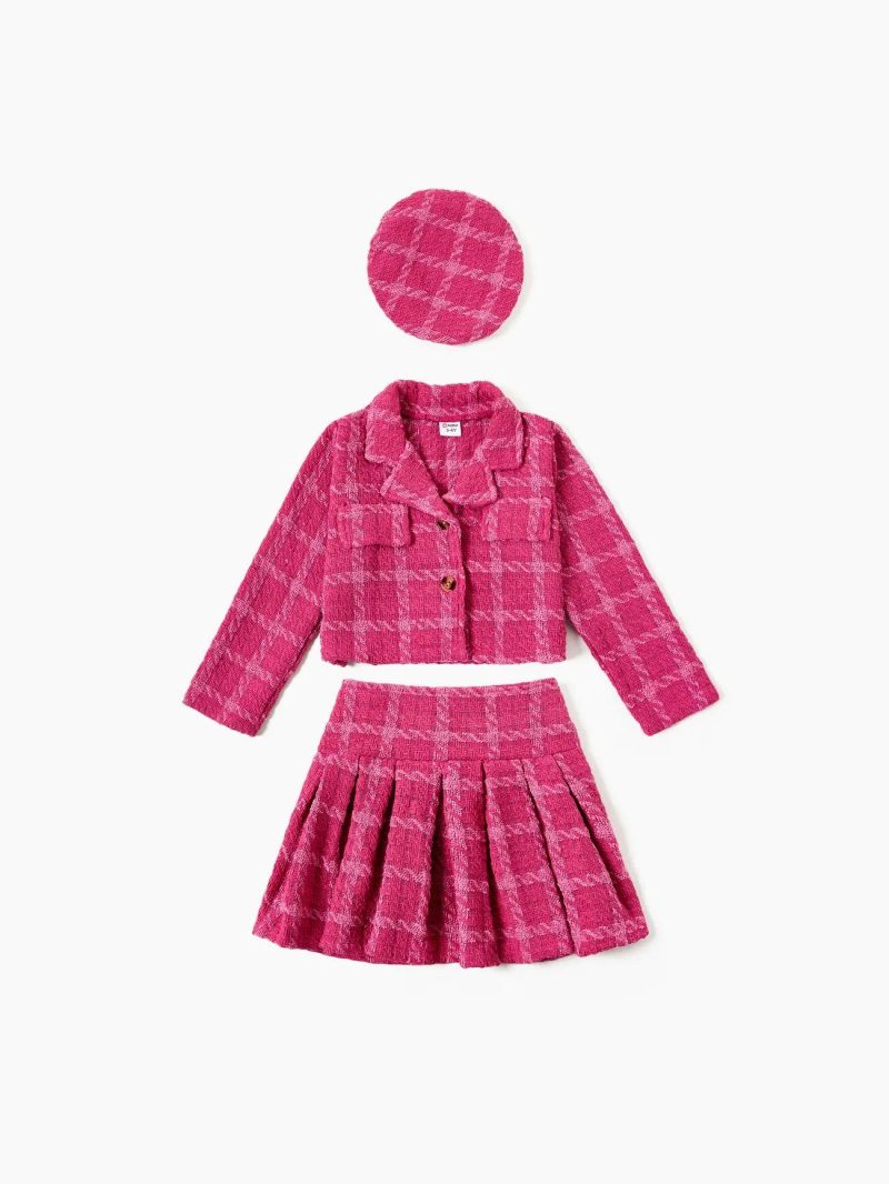 Dresses | Toddler Girls 3pcsToddler Solid Color Classic Grid Houndstooth Suit Dress Set with Hat Hot Pink|Blackandwhite