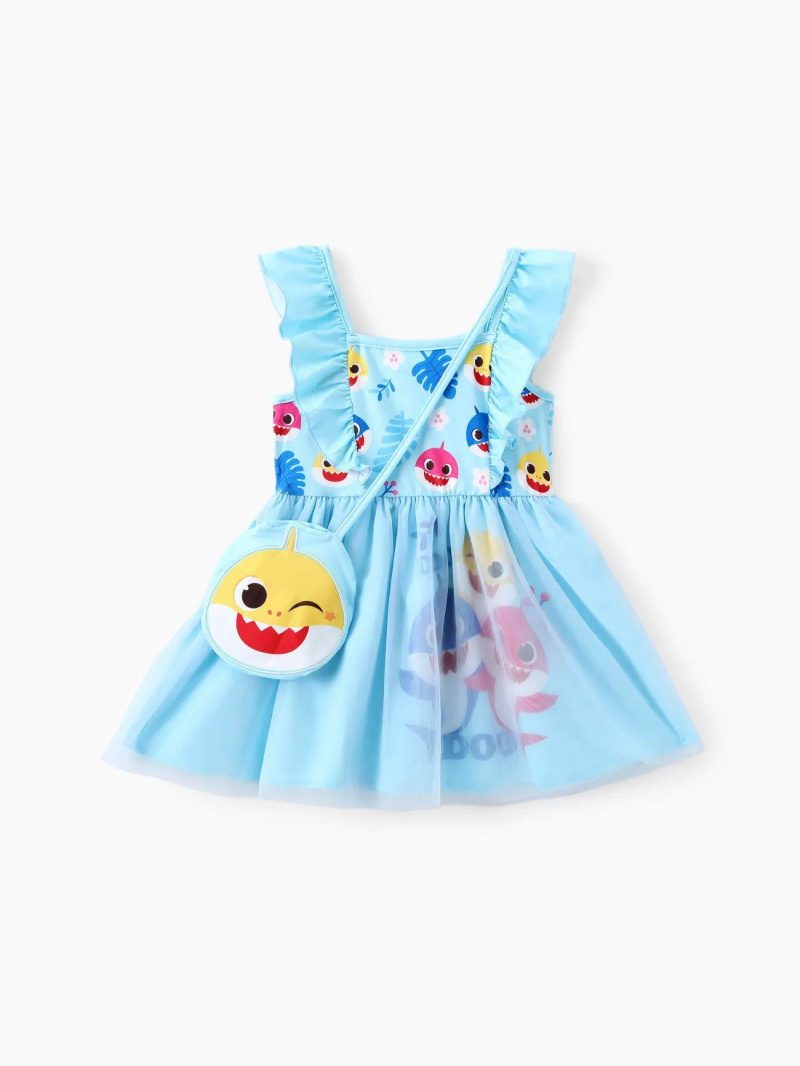 Dresses | Toddler Girls Baby Shark 2pcs Floral Plant Print Ruffle-SLEEVE Mesh Dress with Lovely Crossbody Bag Blue