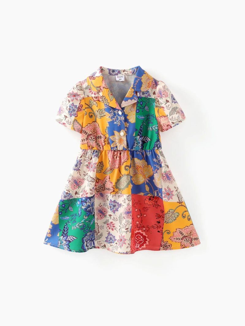 Dresses | Toddler Girls Bohemia Ethnic＆Floral Print Tailored Collar Dress Multicolour-1