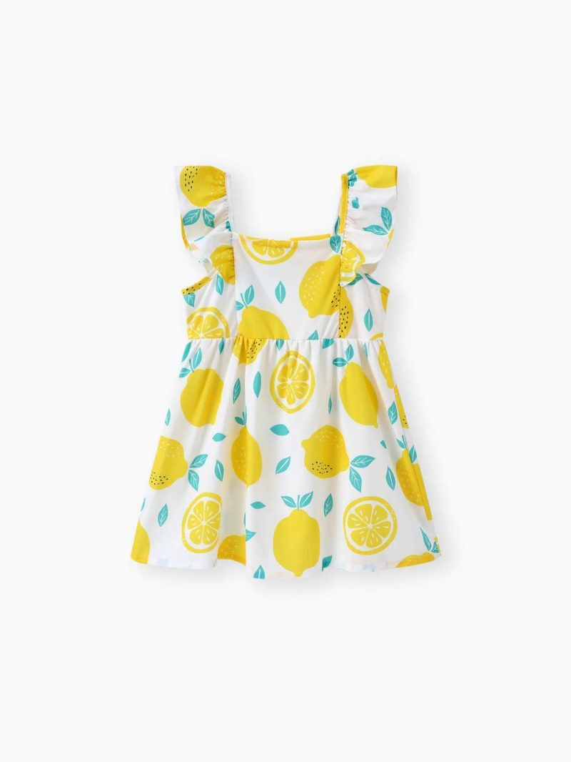 Dresses | Toddler Girls Button Design Lemon Print/Plaid Flutter-sleeve Dress White|Yellow