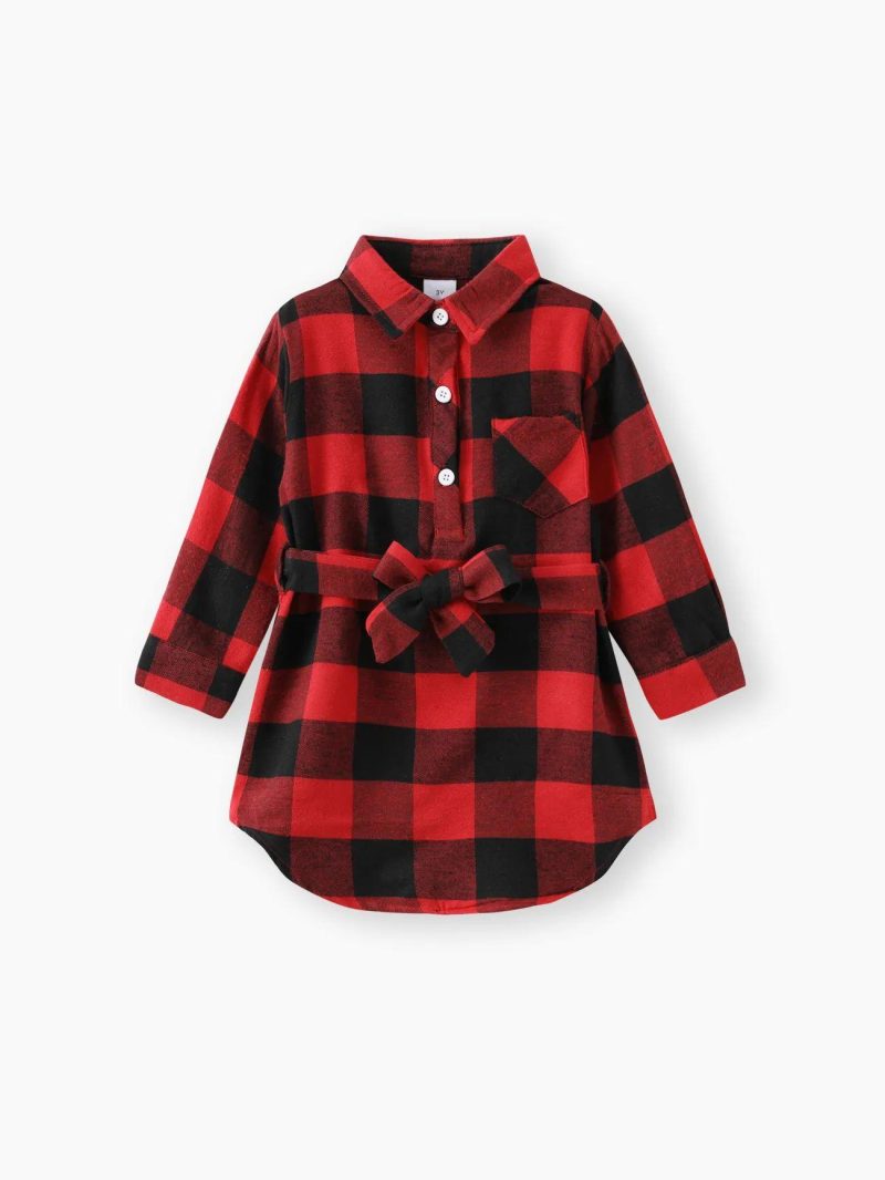 Dresses | Toddler Girls Classic Plaid Lapel Collar Button Design Dress Redblack