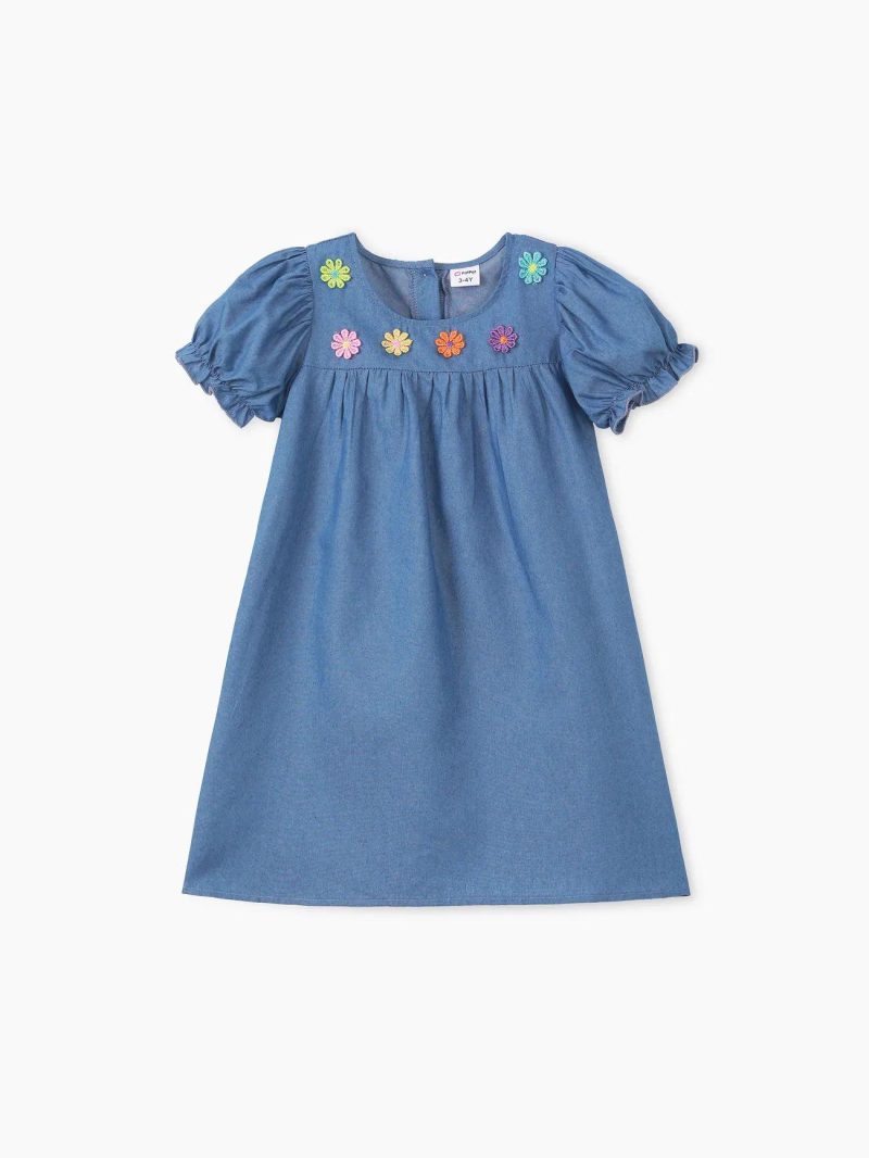 Dresses | Toddler Girls Cutie Embroidered Floral Dress Blue