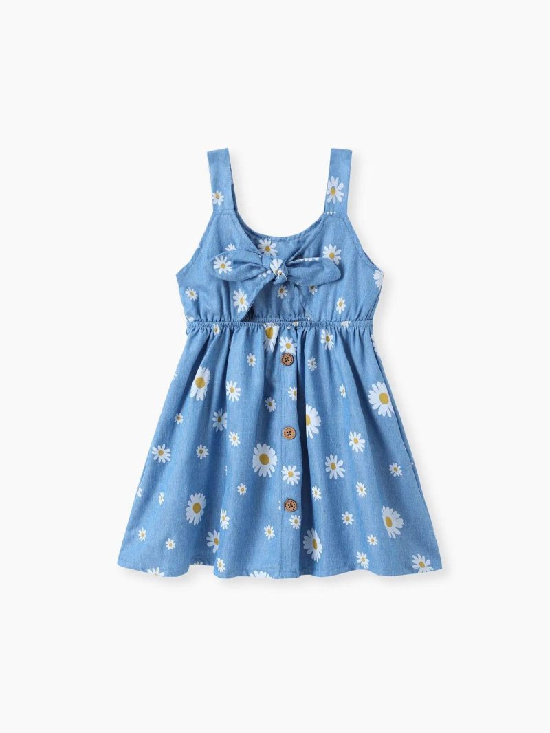 Dresses | Toddler Girls Floral Print Bowknot Design Hollow out Denim Strap Dress Blue