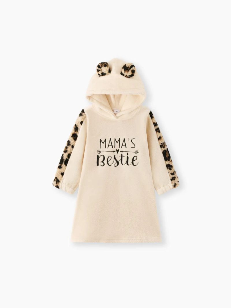 Dresses | Toddler Girls Letter Embroidered Leopard Print Fuzzy Fleece Hooded Sweatshirt Dress Beige