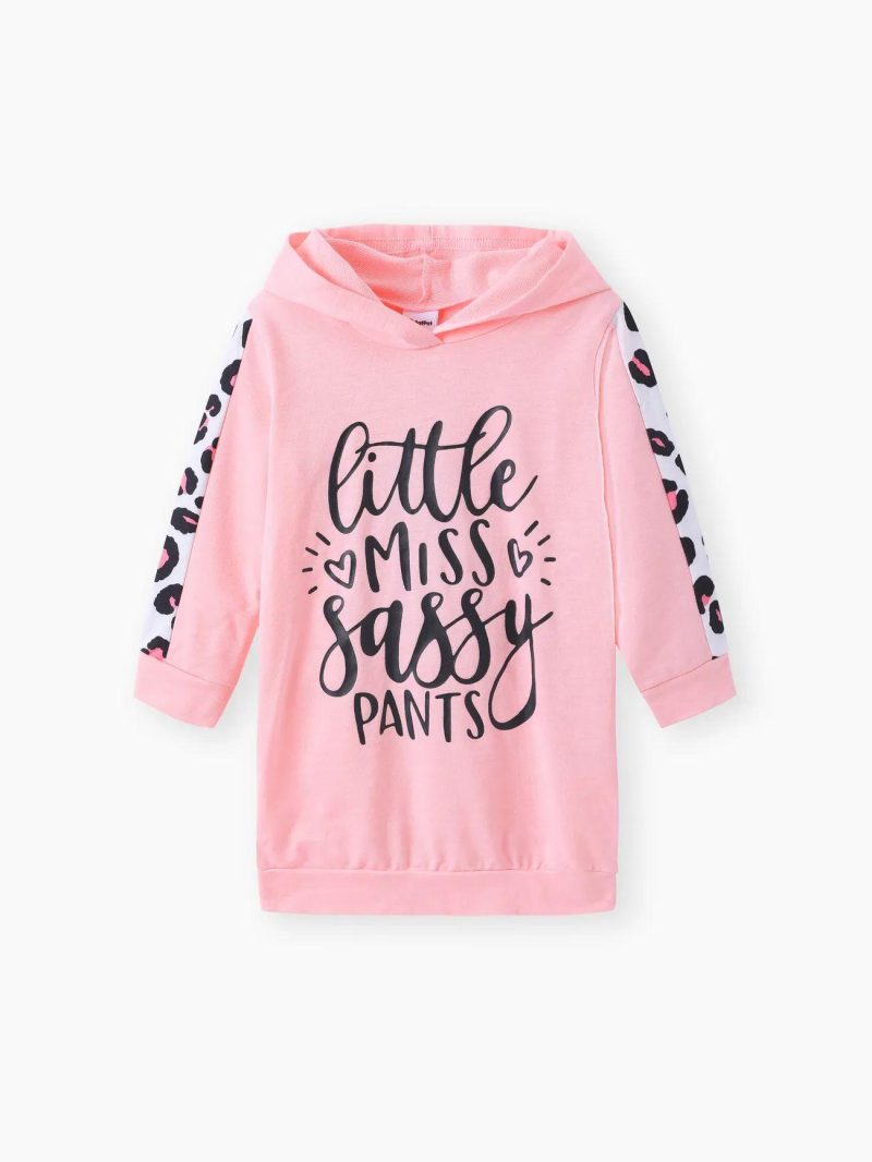 Dresses | Toddler Girls Letter Leopard Print Black Long-sleeve Hooded Sweatshirt Dress Pink|Black