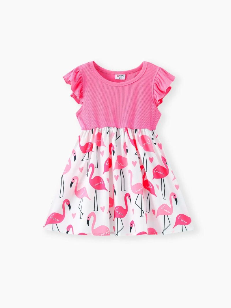 Dresses | Toddler Girls Ribbed Flamingo Allover Ruffle Decor Flutter-sleeve Dress Peach*