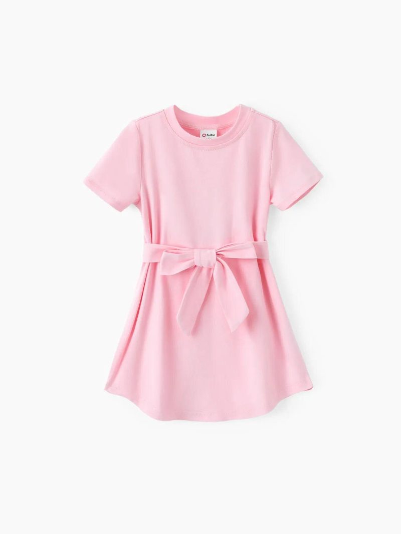 Dresses | Toddler Girls Solid Curved Hem Short-sleeve Belted Dress Light Pink|Hot Pink|Black|Orange Color|Lightgreen