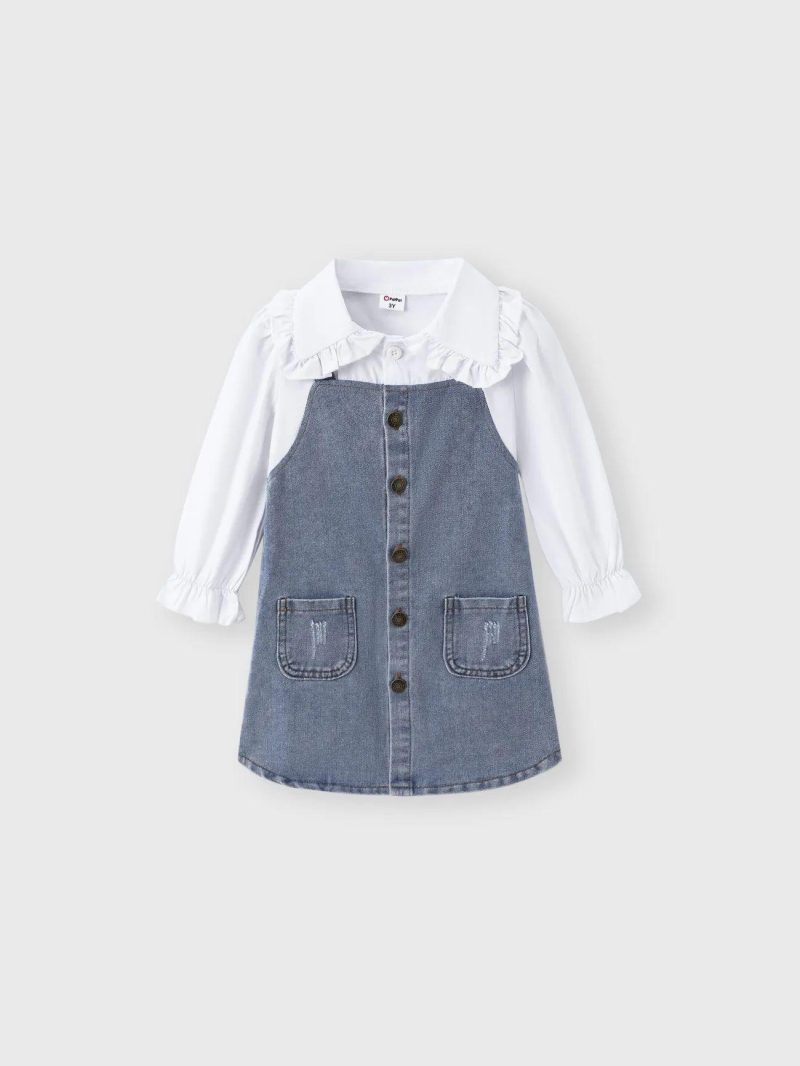 Dresses | Toddler Girls Solid Denim Lapel Dress White