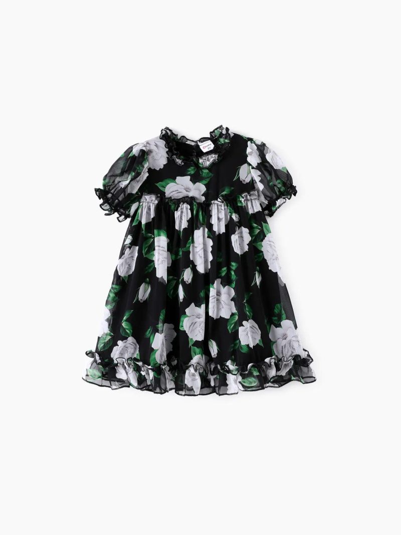 Dresses | Toddler Girls Sweet Floral Print Mesh Ruffled Dress Black