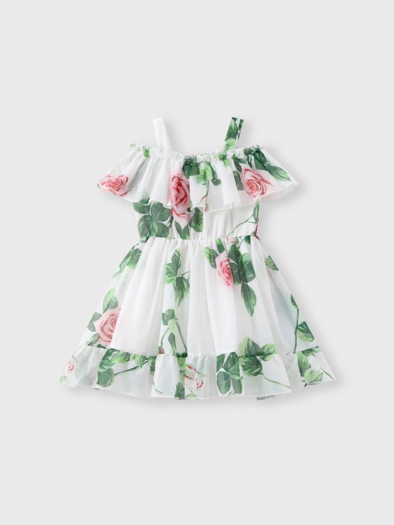 Dresses | Toddler Girls Sweet Floral Print Off Shoulder Chiffon Slip Dress White|Pink