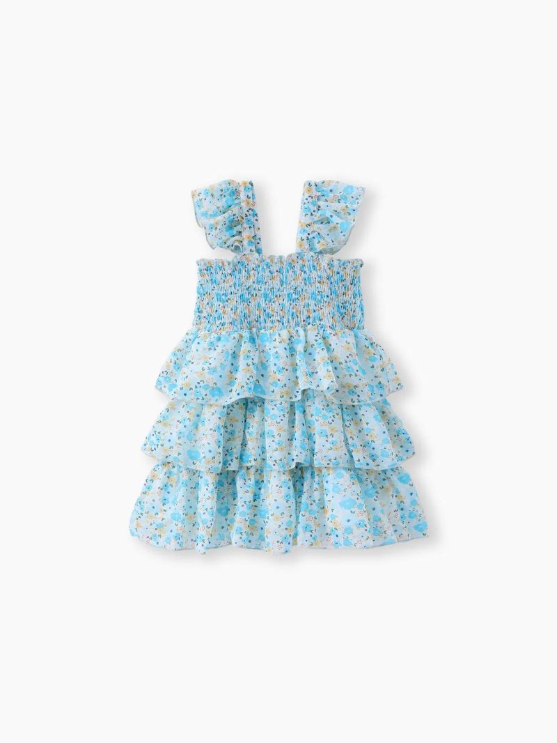 Dresses | Toddler Girls Sweet Floral Print Smocked Ruffled Sleeveless Dress Blue