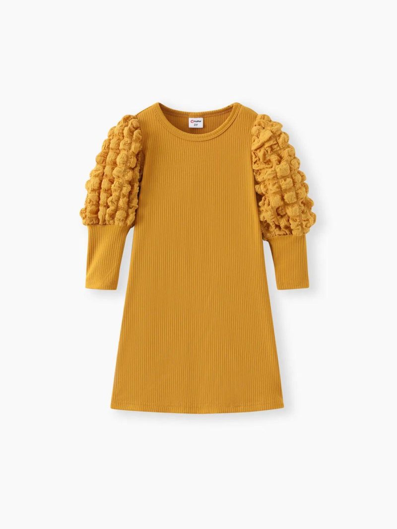 Dresses | Toddler Girls Textured Ribbed Long Puff-sleeve Dress (Belt is not included) Yellow|Apricot