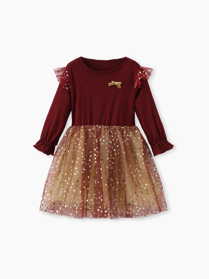 Dresses | Toddler Girls Trendy Stars Mesh Dress Burgundy|Black