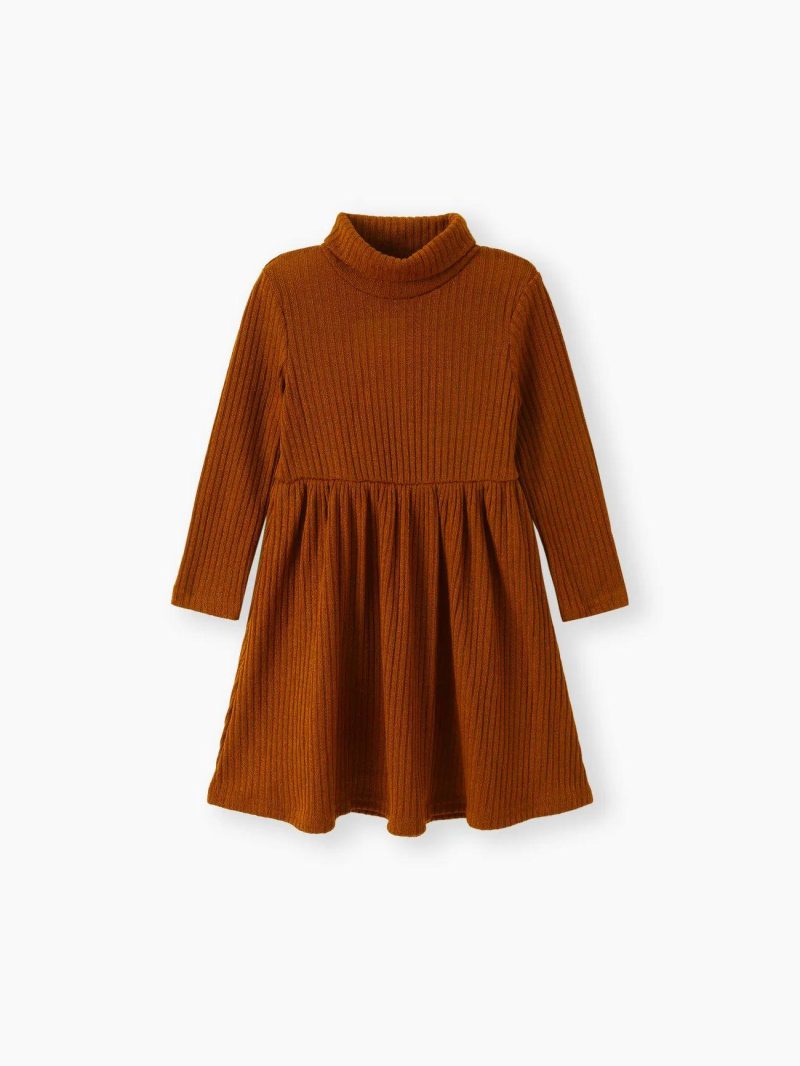 Dresses | Toddler Girls Turtleneck Solid Color Ribbed Long-sleeve Dress Brown|Ginger-2|Offwhite