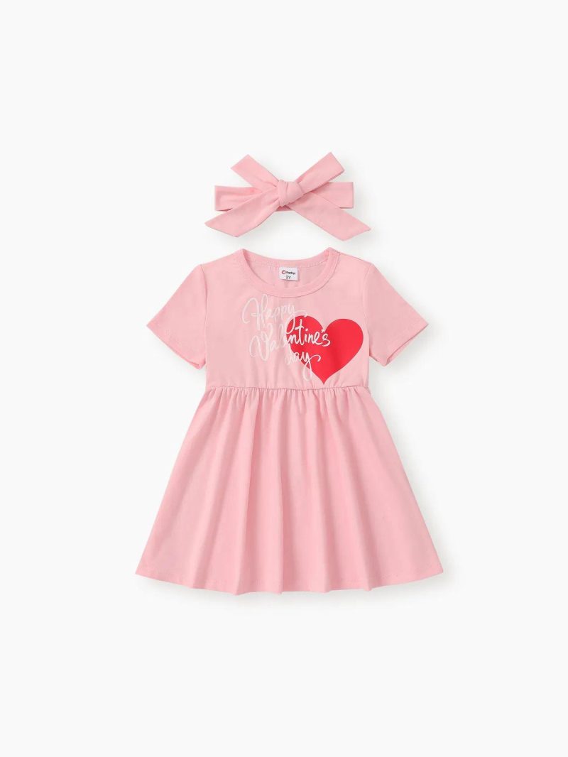 Dresses | Toddler Girls Valentine’s Day 2pcs Heart-shaped Dress with Headband Pink