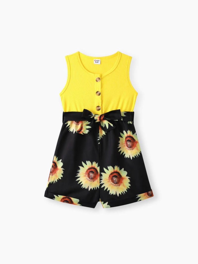 Jumpsuits | Girls 2pcs Ffloral Print Ribbed Splice Button Design Sleeveless Belted Rompers Yellow