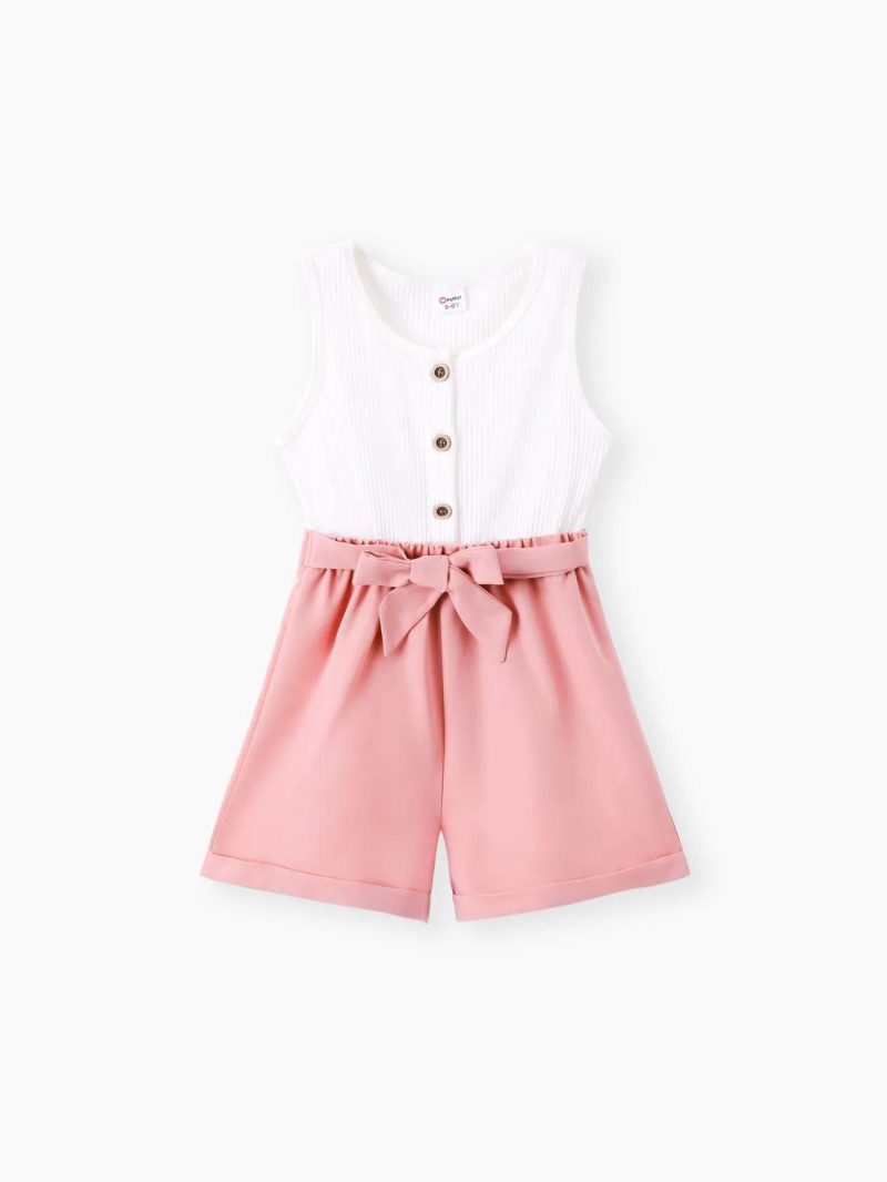 Jumpsuits | Girls Button Design Sleeveless Belted Splice Rompers Jumpsuits Shorts Pink|Green