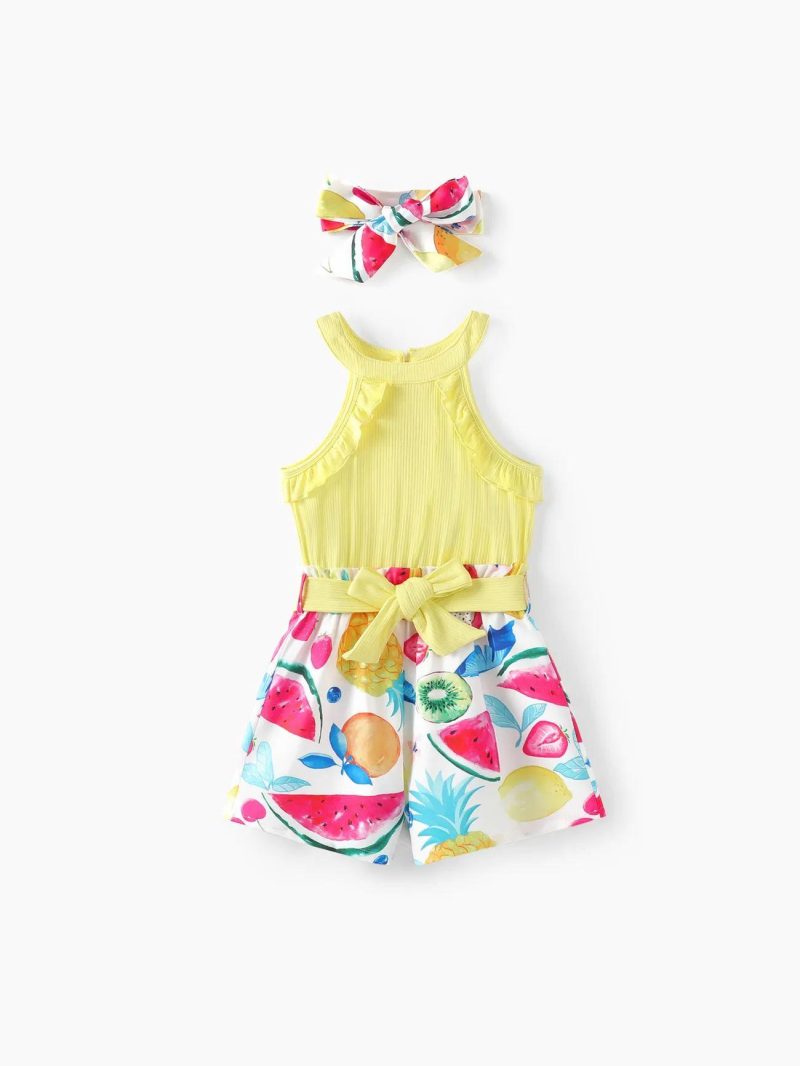 Jumpsuits | Girls Fruit Print Halterneck Ruffled Jumpsuit with Headband Lightyellow|Pink-