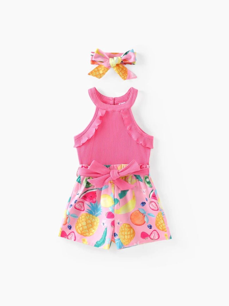 Jumpsuits | Girls Fruit Print Halterneck Ruffled Jumpsuit with Headband Lightyellow|Pink-