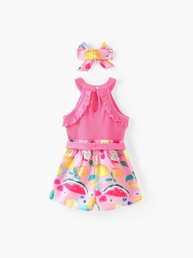 Jumpsuits | Girls Fruit Print Halterneck Ruffled Jumpsuit with Headband Lightyellow|Pink-