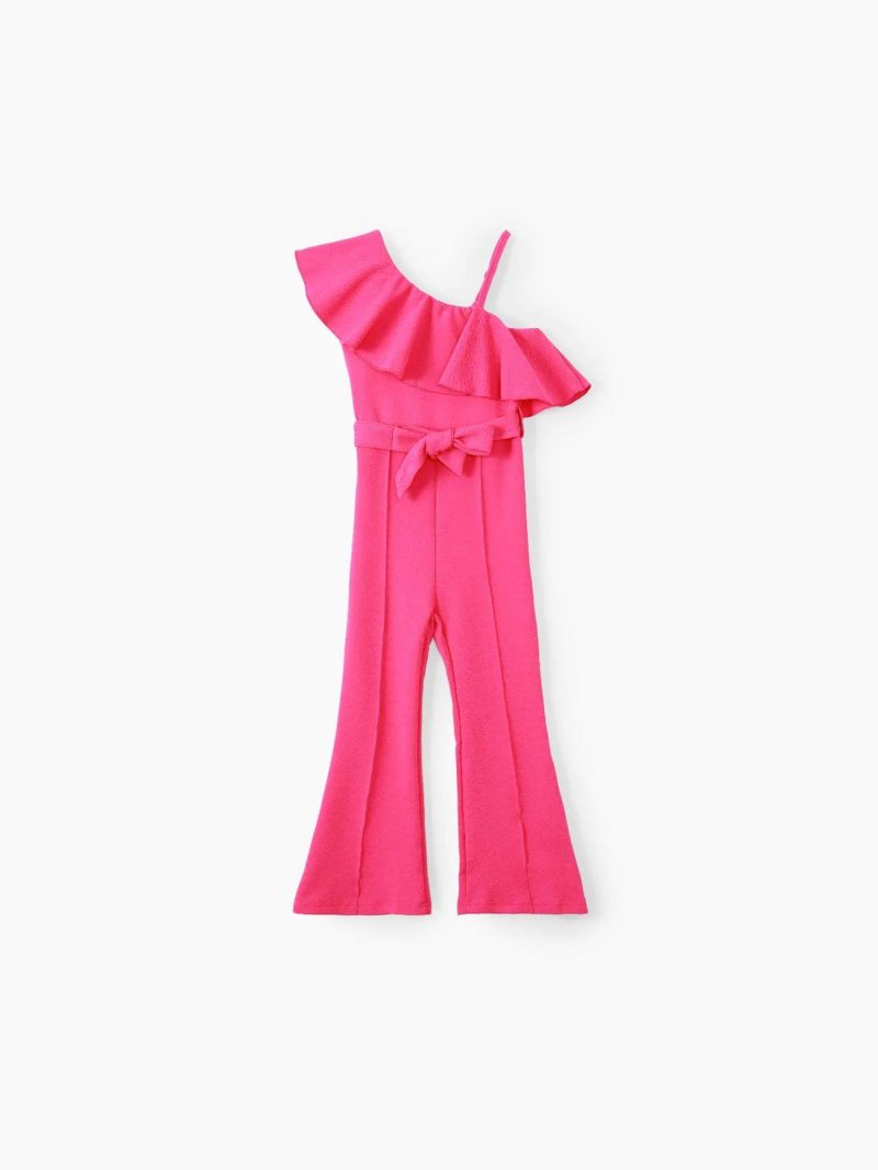 Jumpsuits | Girls Girl Rompers Sweet Solid Slanted Shoulder 1pc Polyester Bottoms for Kids Hot Pink|Blue