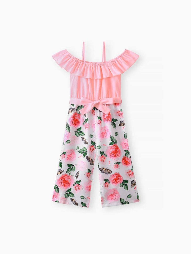 Jumpsuits | Girls Kid Firl Floral Print Splice Flounce Belted Off Shoulder Cami Jumpsuits Pink