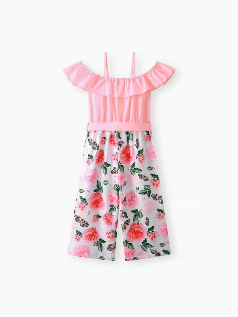 Jumpsuits | Girls Kid Firl Floral Print Splice Flounce Belted Off Shoulder Cami Jumpsuits Pink