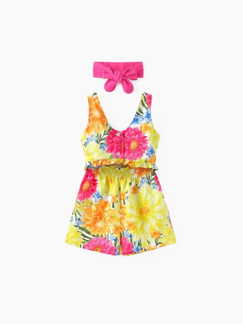 Jumpsuits | Girls|Toddler Girls Cooling Denim/Floral Print Ruffled Jumpsuit Yellow|Denimblue