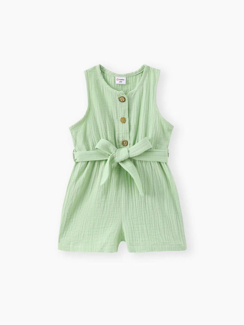 Jumpsuits | Toddler Girls 100% Cotton Solid Color Button Design Sleeveless Belted Romper Jumpsuit Shorts Light Green|Ginger-2|Pink-