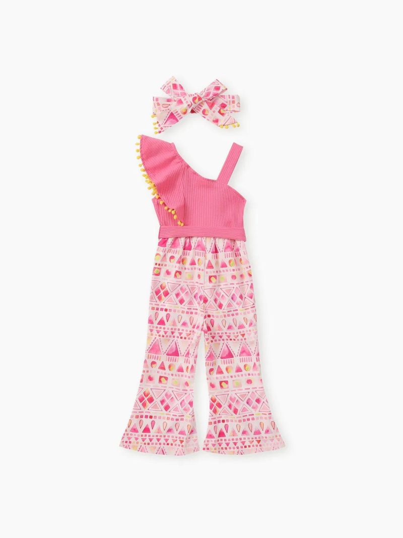 Jumpsuits | Toddler Girls 2cps Sweet Colorblock Geometric Pattern Jumpsuit and Headband Set Pink