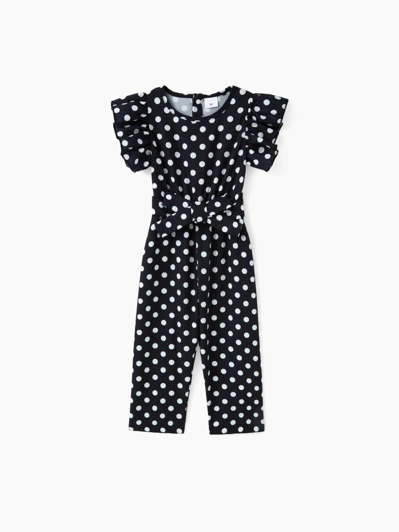 Jumpsuits | Toddler Girls 2pcs Trendy Polka dots Flutter-sleeve Jumpsuits & Belt Black